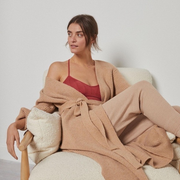 Amadi Anthropologie Women’s Alma Cozy Cardigan Ribbed Belted Tan Size L - Picture 1 of 10